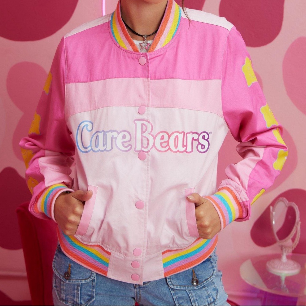 CARE BEARS Rainbow Varsity Bomber Racing Jacket Girls Juniors Size Medium NEW